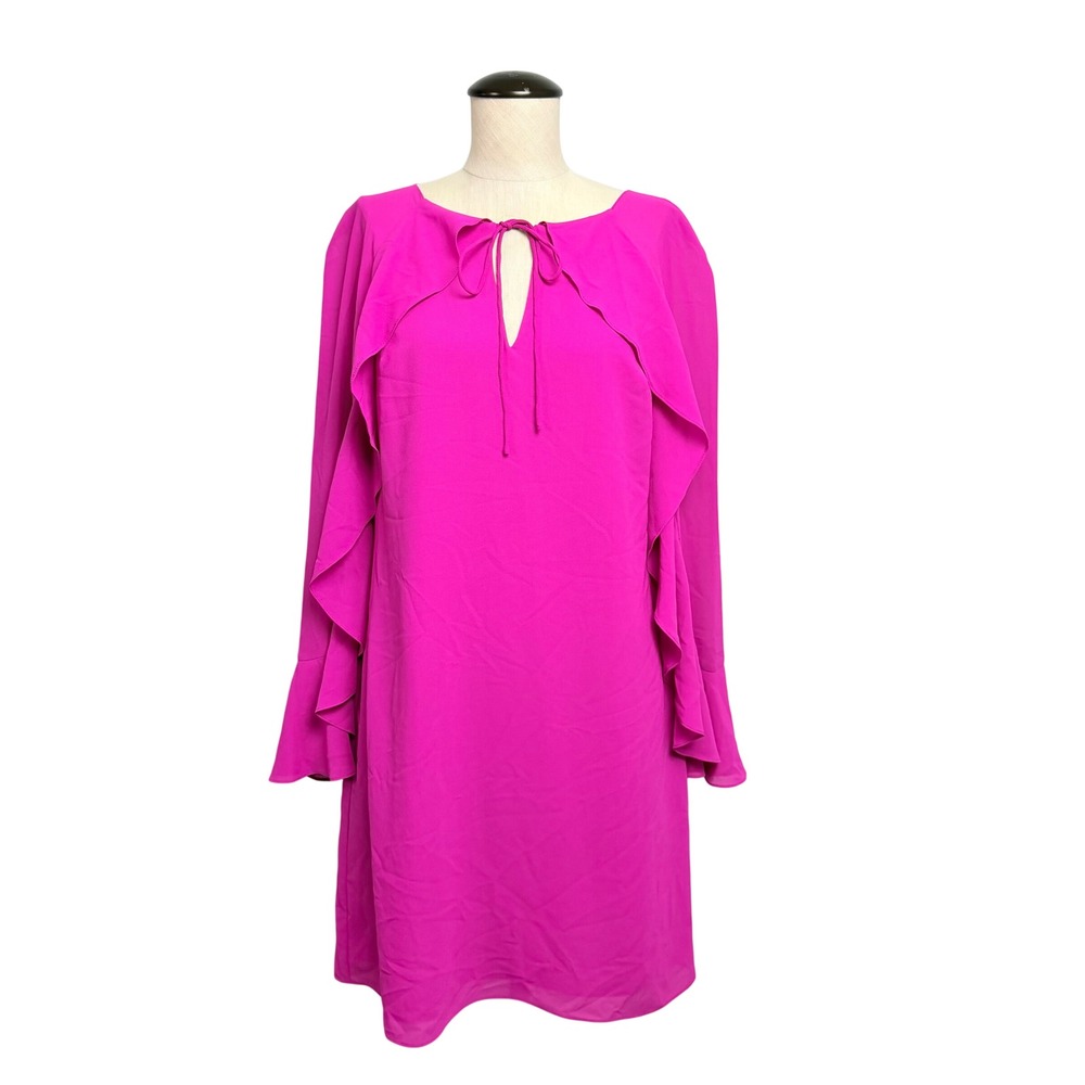 Belle Badgley Mischka Hot Pink Ruffle Sleeve Tie Neck Shift Dress Size 8